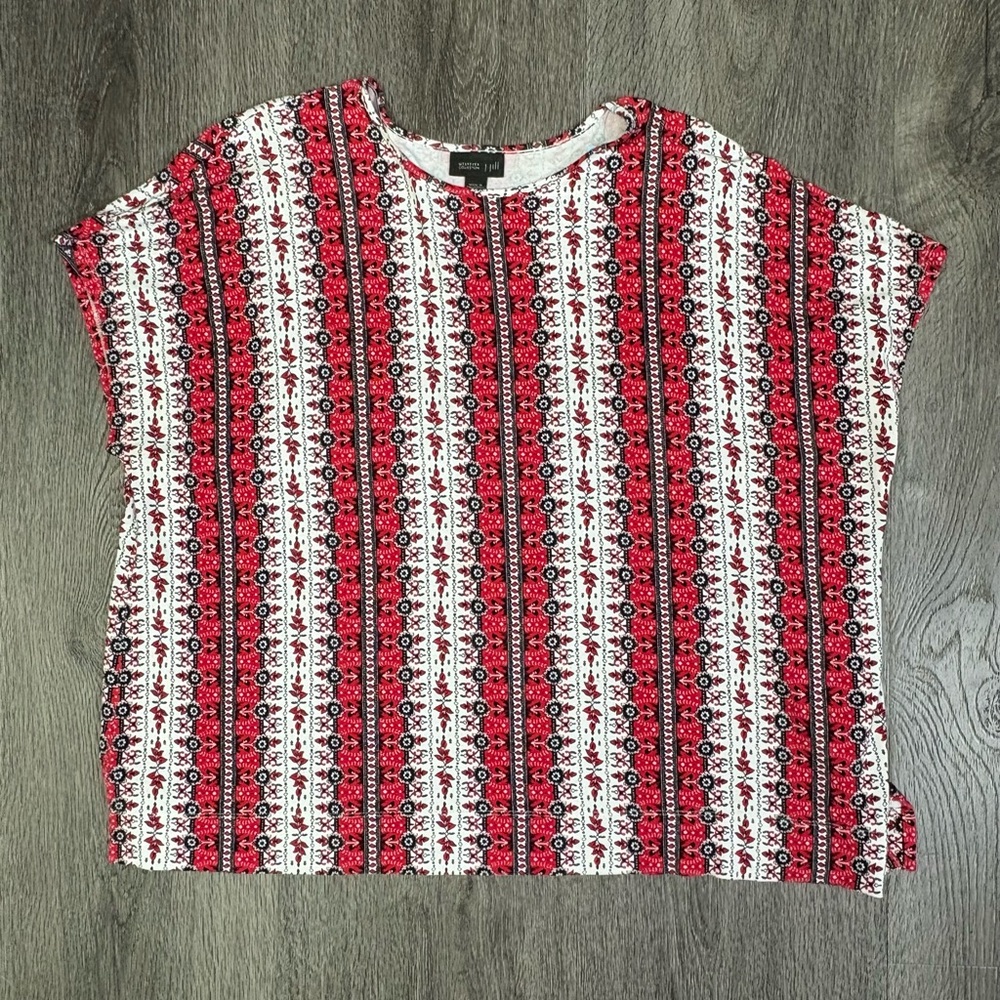 J Jill Wearever Collection Top Boxy Red Floral Striped SS Rayon Blend Size XL